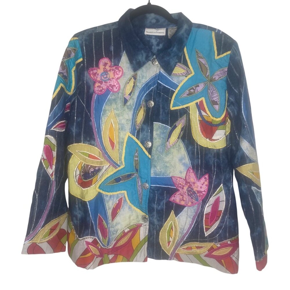 Drapers & Damons Floral Embroidered Jacket Womens Size L Lined Button Down‎ Long
